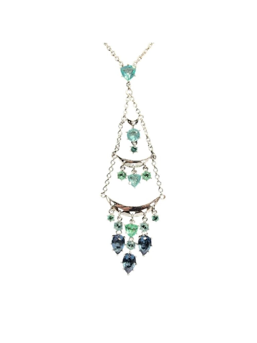 Silver Tone Necklace W/ Blue Rhinestone Cascading Chandelier Pendant (6338) - Picture 2 of 4